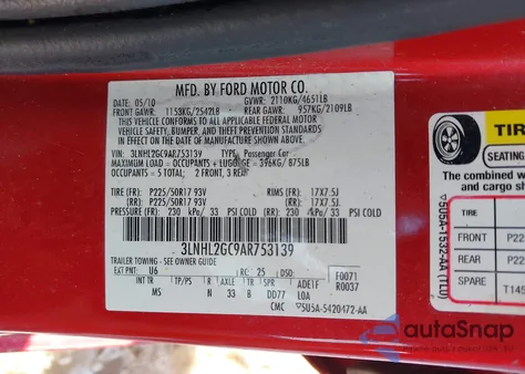 2010 Lincoln Mkz z USA, uszkodzony, nr VIN 3LNHL2GC9AR753139